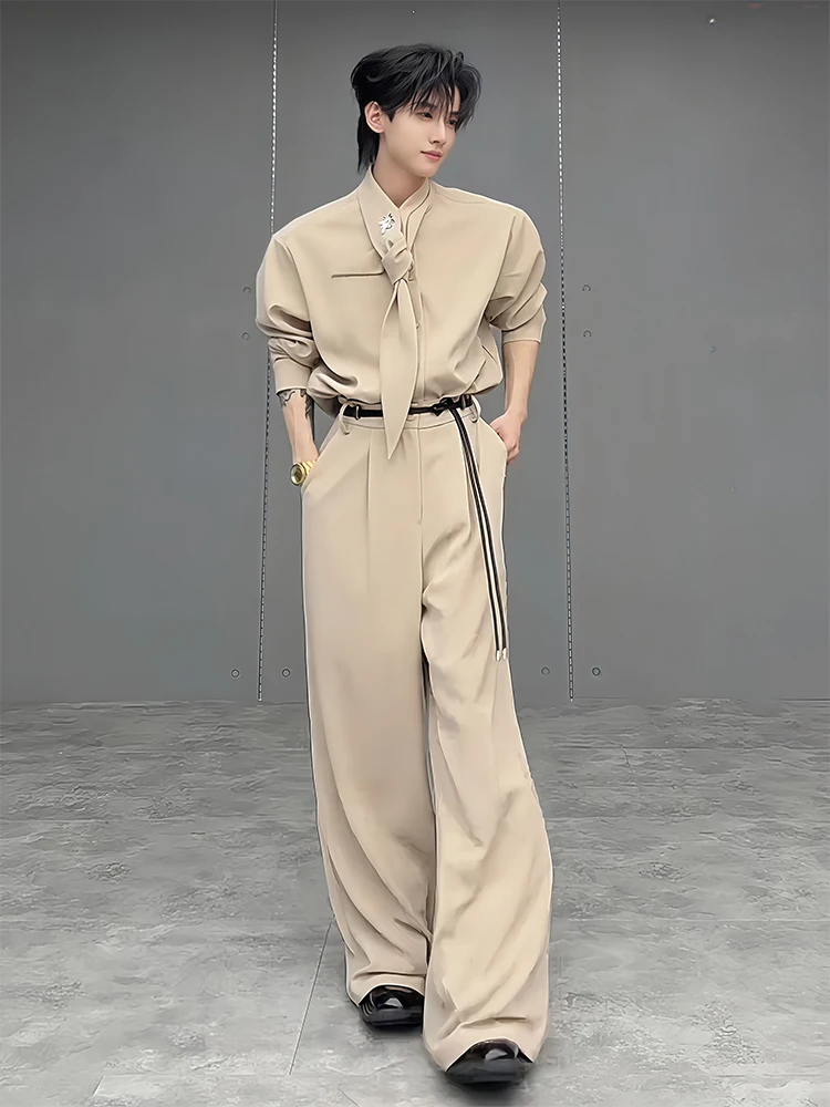 طقم رجالي أنيق من قطعتين مع تصميم حزام وحشوات للكتف قميص وبنطلون مجموعة خريفية عصرية من ليو بو #1