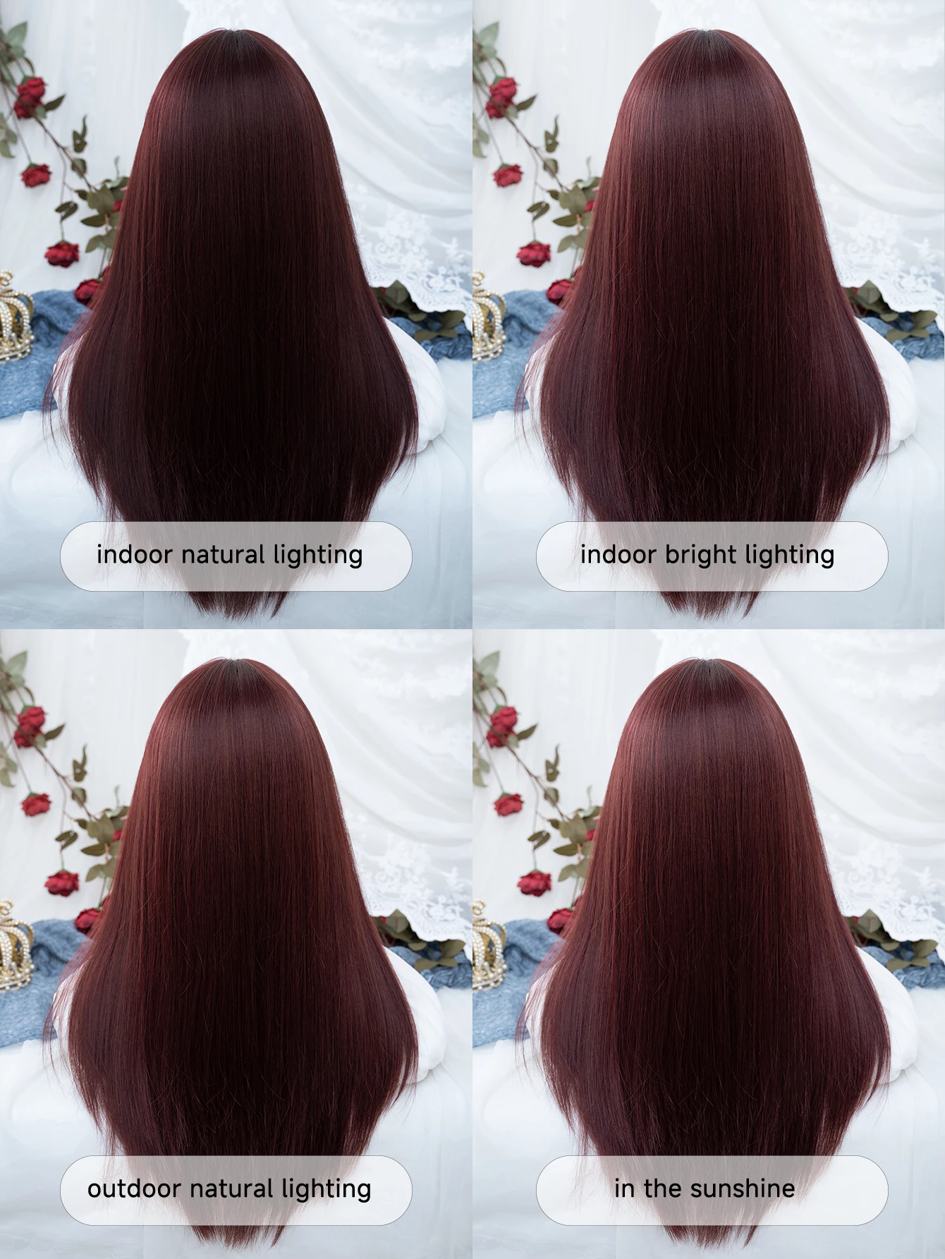 26Inch Kawaii Style Burgundy Synthetic Wigs With Bangs Long Natural Straight Hair Wig For Women Daily Use Cosplay Heat Resistant