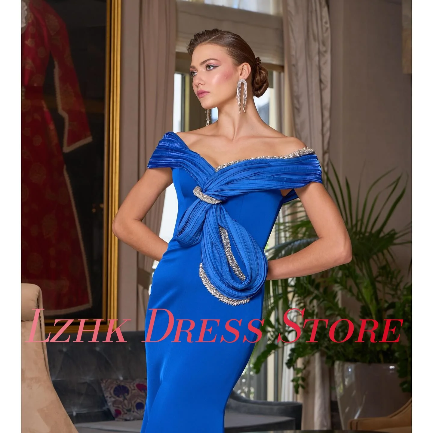 カスタマイズされたセクシーなジャージマーメイドオフショルダークリスタルイブニングドレス高品質半袖フロアレングスウエディングドレス