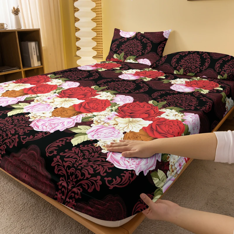 1 Simple Modern Plant Flower Printed Matte Fitted Sheet, Bedroom Printed Bed Cover, Bedding (Excluding Pillowcases)