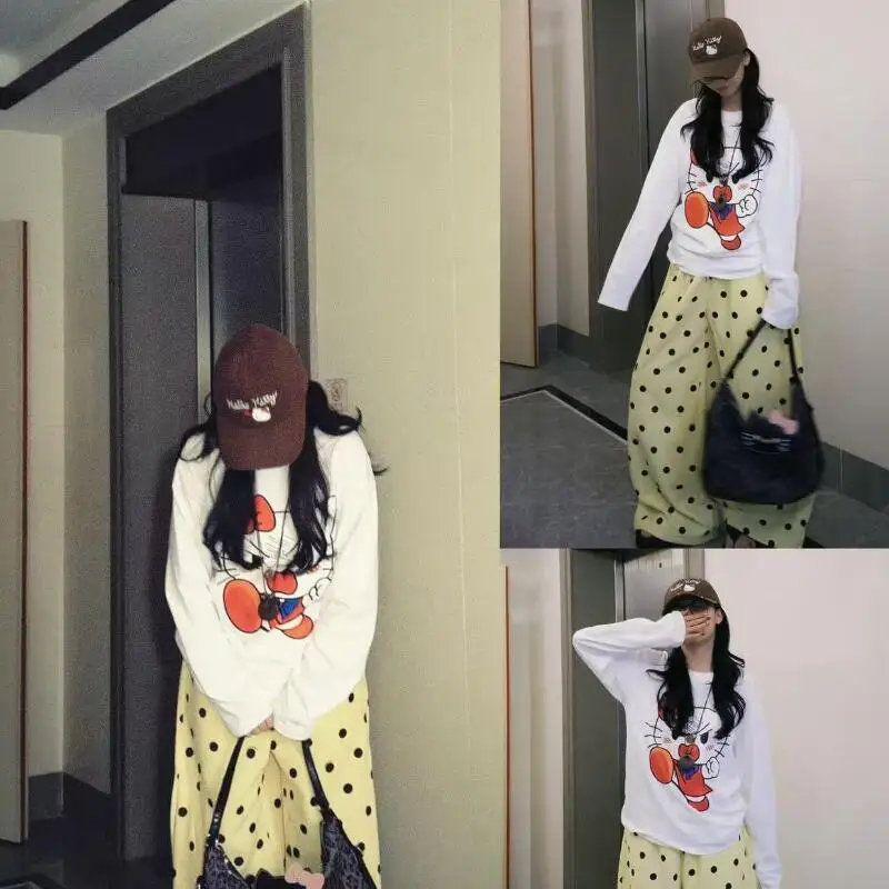 Anime Kitten Vrouwen Sweatshirt 2023 Nieuwe Cartoon Kawaii Ronde Hals Losse Comfortabele Lange Mouw Schattig Meisje T-shirt Student tops