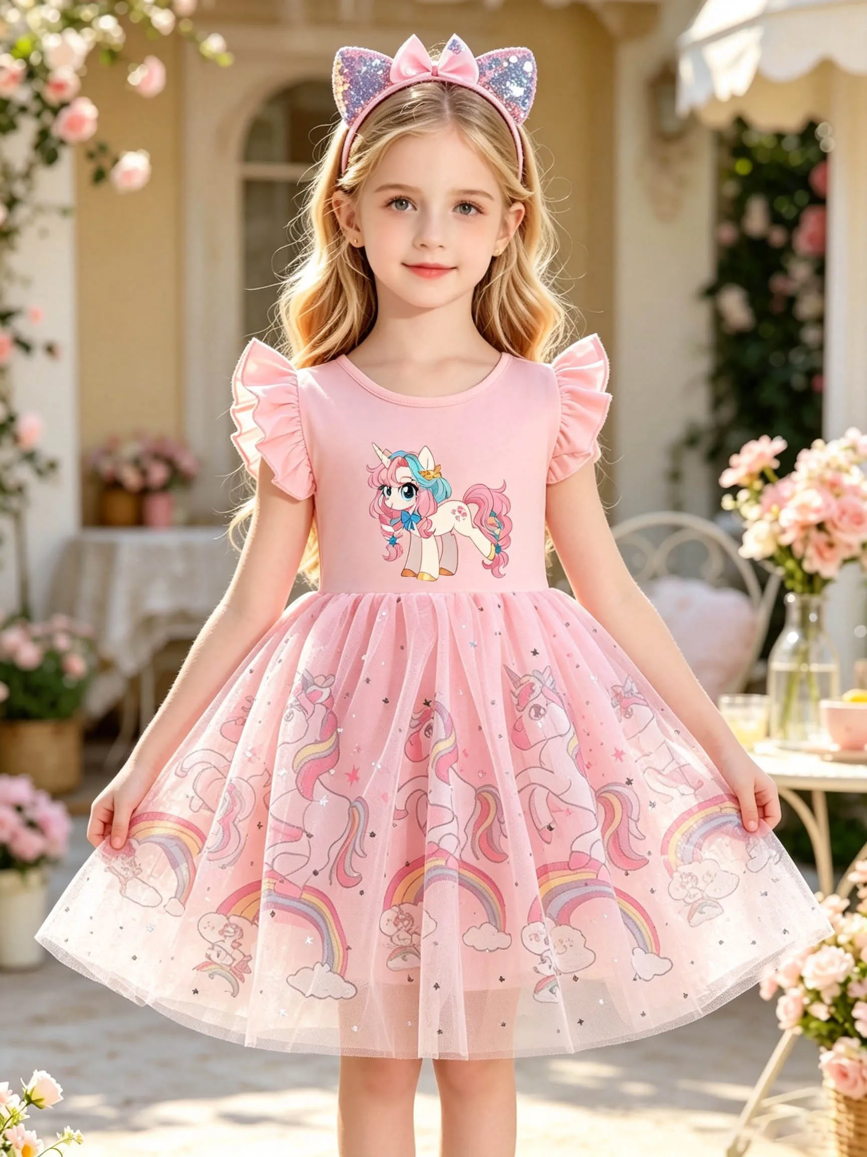 Girls' Summer Dress with Pink Bow & Pony, Ruffle Flutter Sleeves, Sparkly Star Tulle Short-Sleeve Tutu Dress