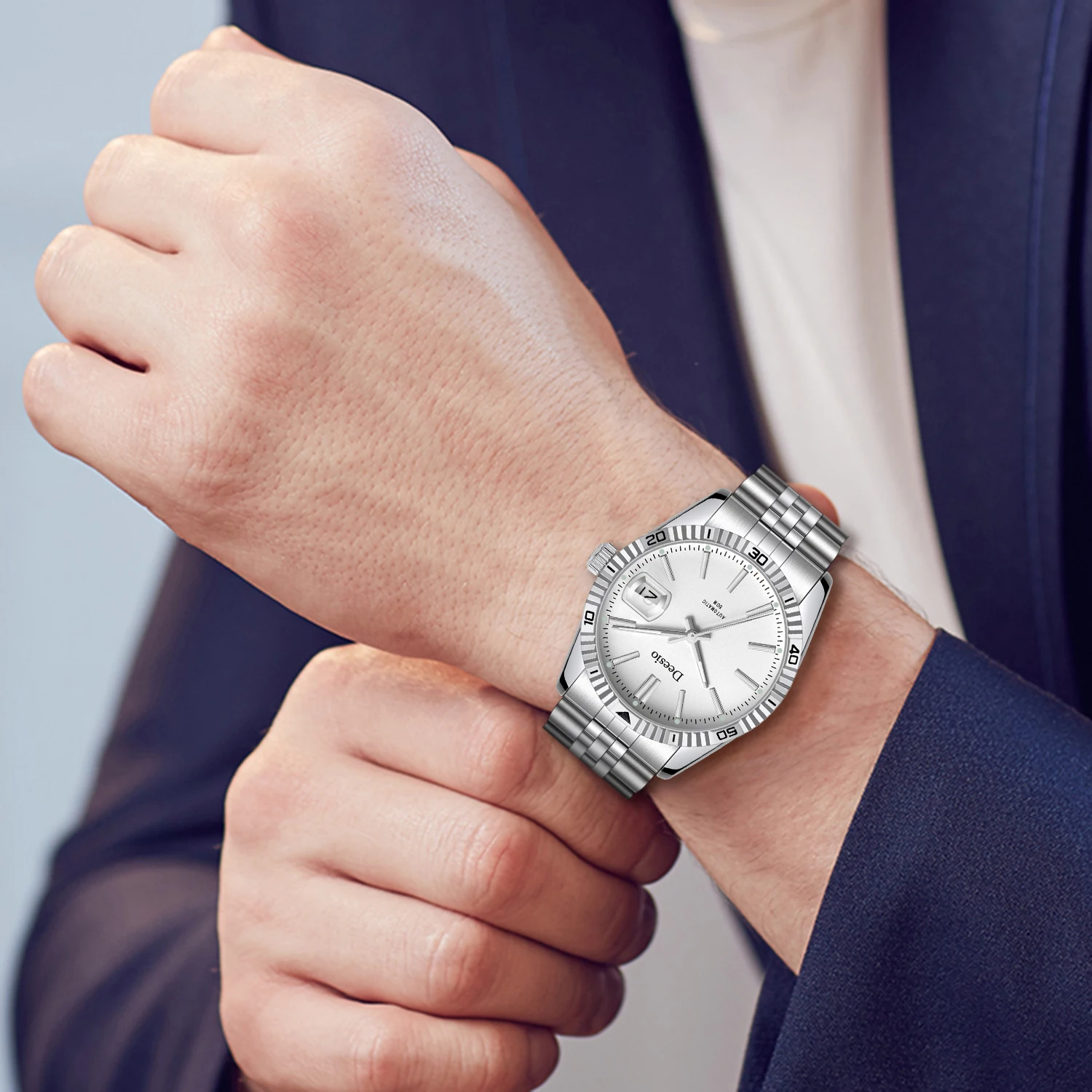 Deesio relógio mecânico automático masculino de luxo 50m à prova d'água vestido de negócios caixa de aço inoxidável luminoso presente perfeito para ele