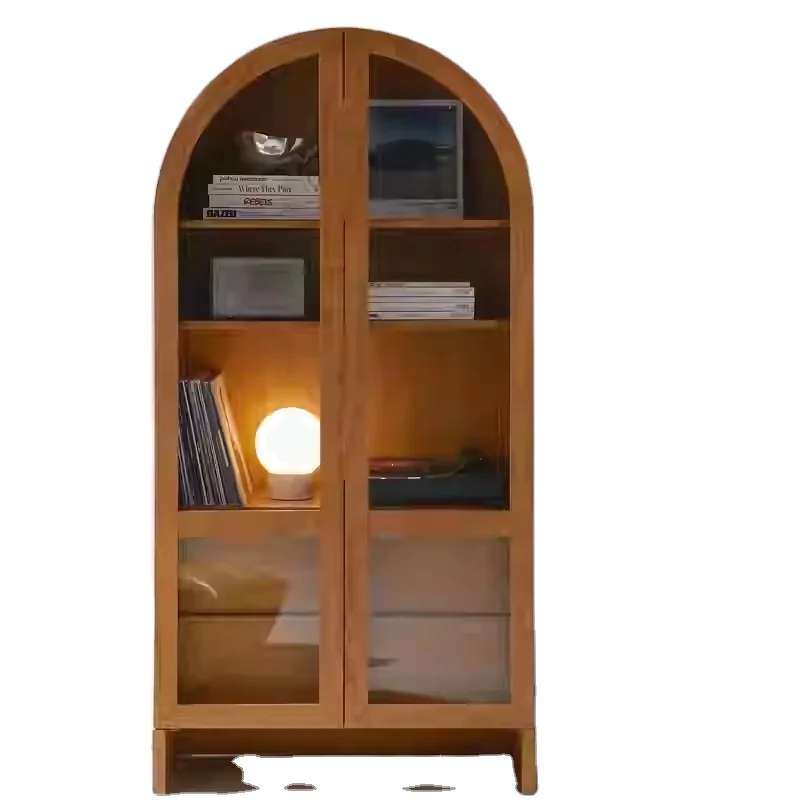 

American solid wood bookcase can be customized retro bookshelf French arched side cabinet black figurine display bookcase