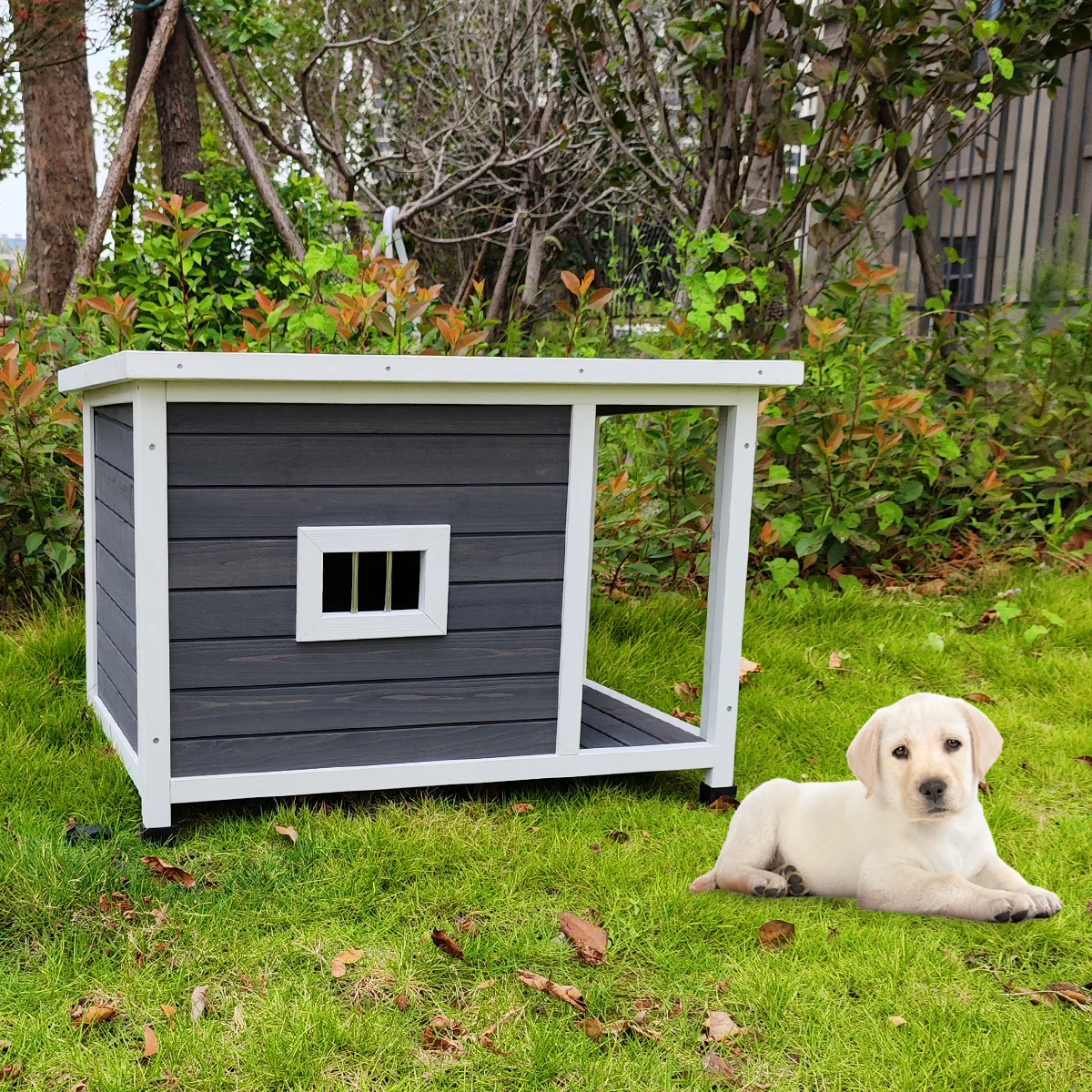 Outdoor Puppy Dog Kennel Waterproof Wooden Dog House with Porch Deck