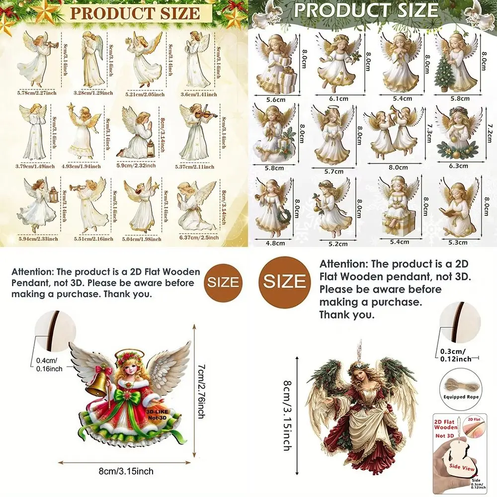 12-teiliges neues handgefertigtes Victoria-Engel-Ornament-Set, 2D-flacher Weihnachtsbaum-Anhänger aus Holz, traditionelles Design, DIY-Weihnachtsdekorationen – Detail 2