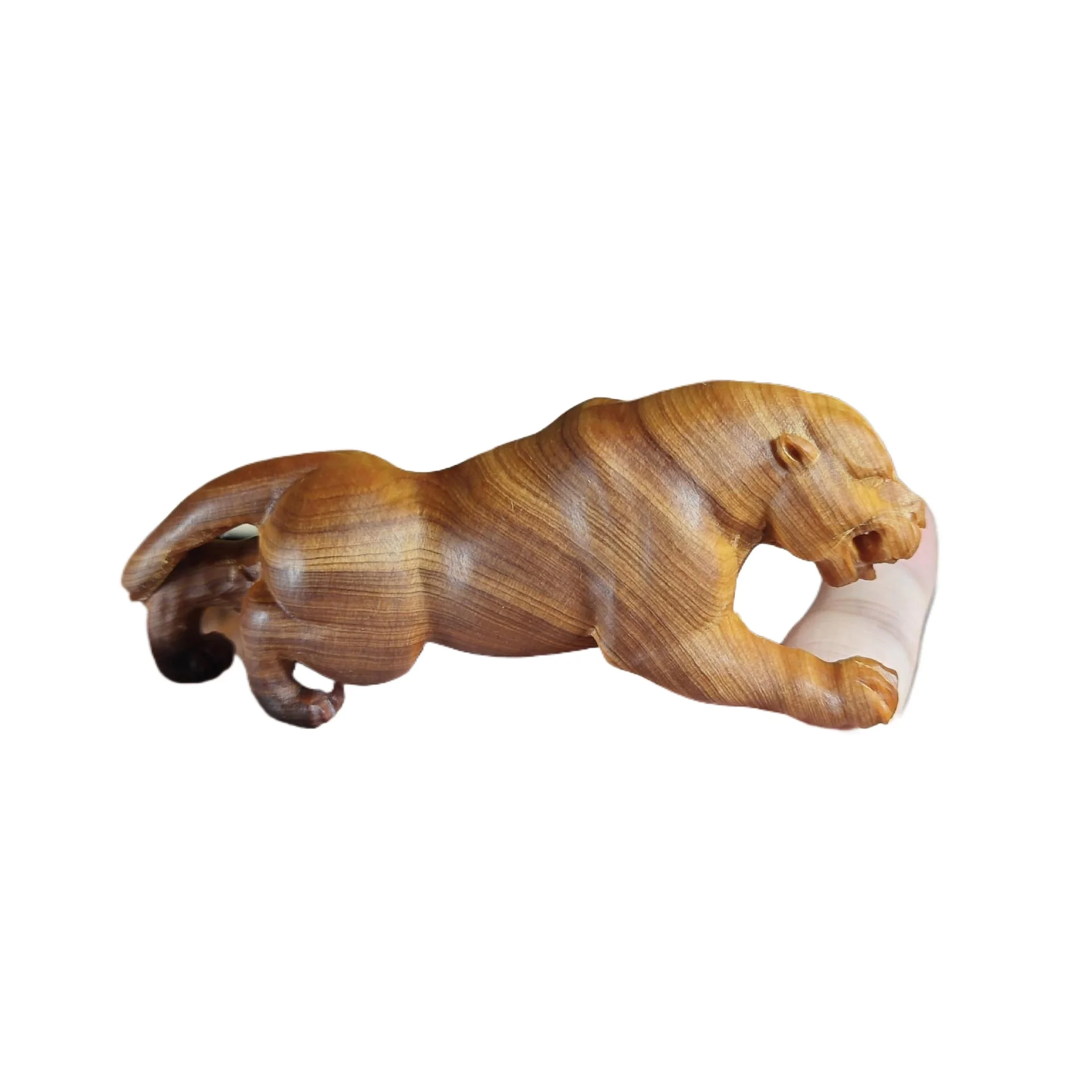 Solid Wood Carving Wild Leopard Ornament, Hand‑made Pocket Hand Grip, Traditional Chinese Tabletop Display Art Present
