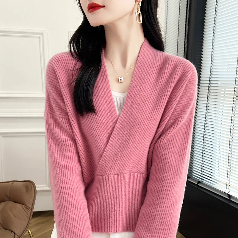 2024 New Women's Clothing, Pure Wool Sweater Women, Small Short Knitted Pullover, Cross V-Neck Top,Japanese Kimono Style Sweater