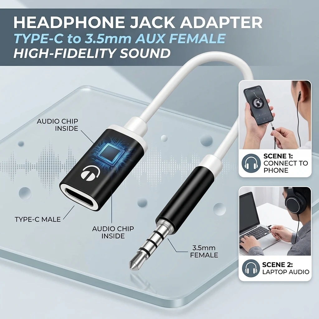 3.5mm Rotating Type-C Female Flat Head Adapter Cable Earphone to round Head Analog Connection Converter for Phones