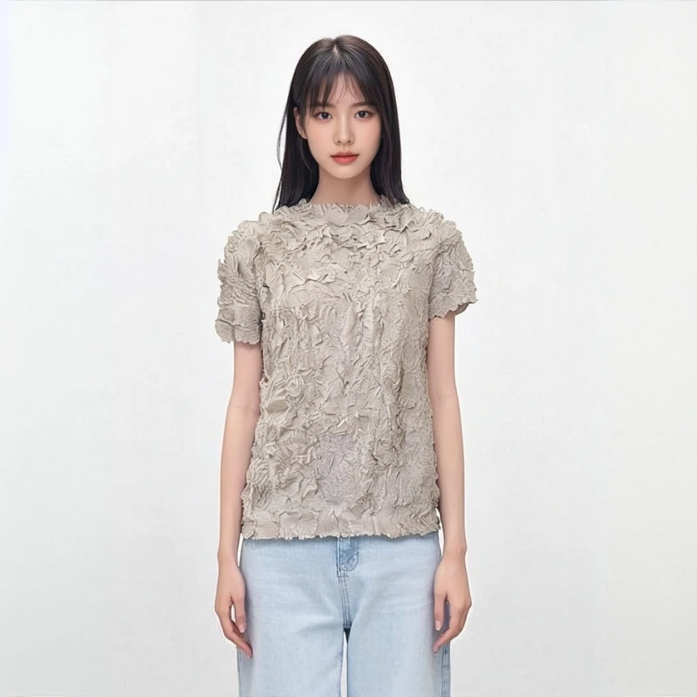 

Miyake плиссированная женская летняя новая простая японская грязная плиссированная футболка с воротником-стойкой и короткими рукавами, универсальные плиссированные топы