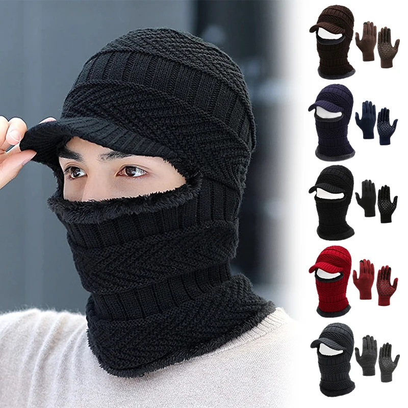 Bonnet en tricot thermique pour hommes et femmes, écharpe chaude, tout-en-un, bonnet épaissi, gants, extérieur, cyclisme, course, casquettes de protection du cou, hiver