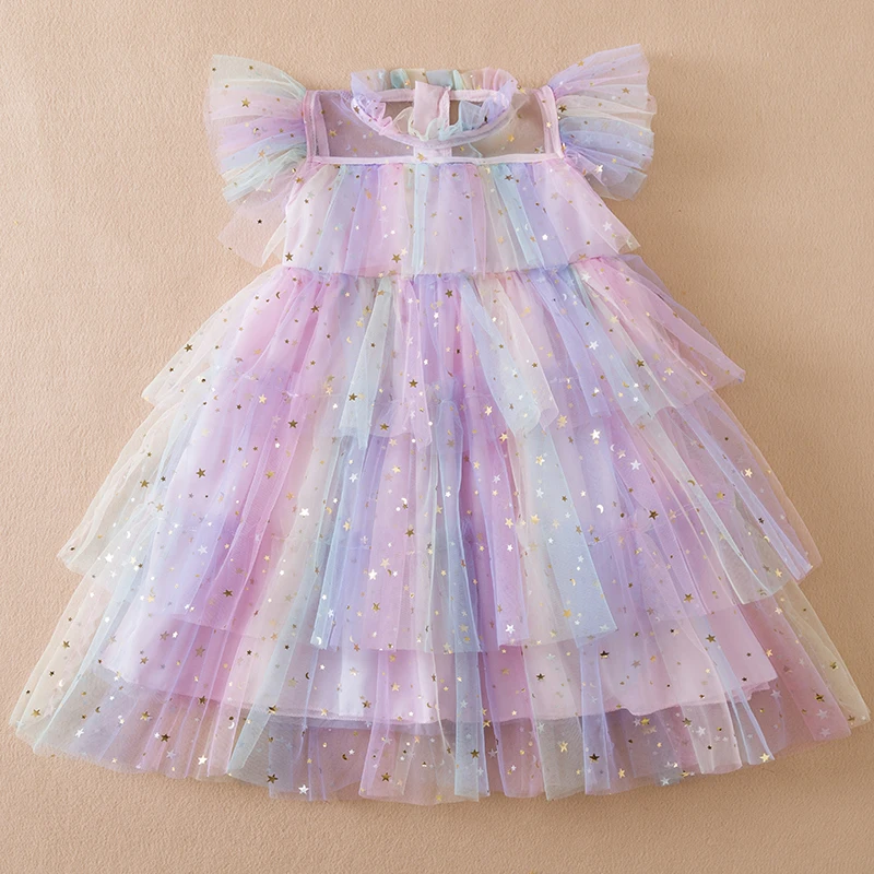 Girl Sequin Rainbow Princess Dress 3 6 8 Yrs Fancy Kids Unicorn Mesh Party Cake Clothes Toddler Girl Summer New Birthday Costume