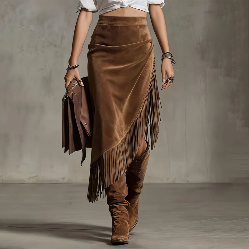 

Vintage Woman Suede Skirt Women High Waist Long Skirt for Women Tassel Spliced Irregular Hem Casual Woman's Midi Skirt 2025