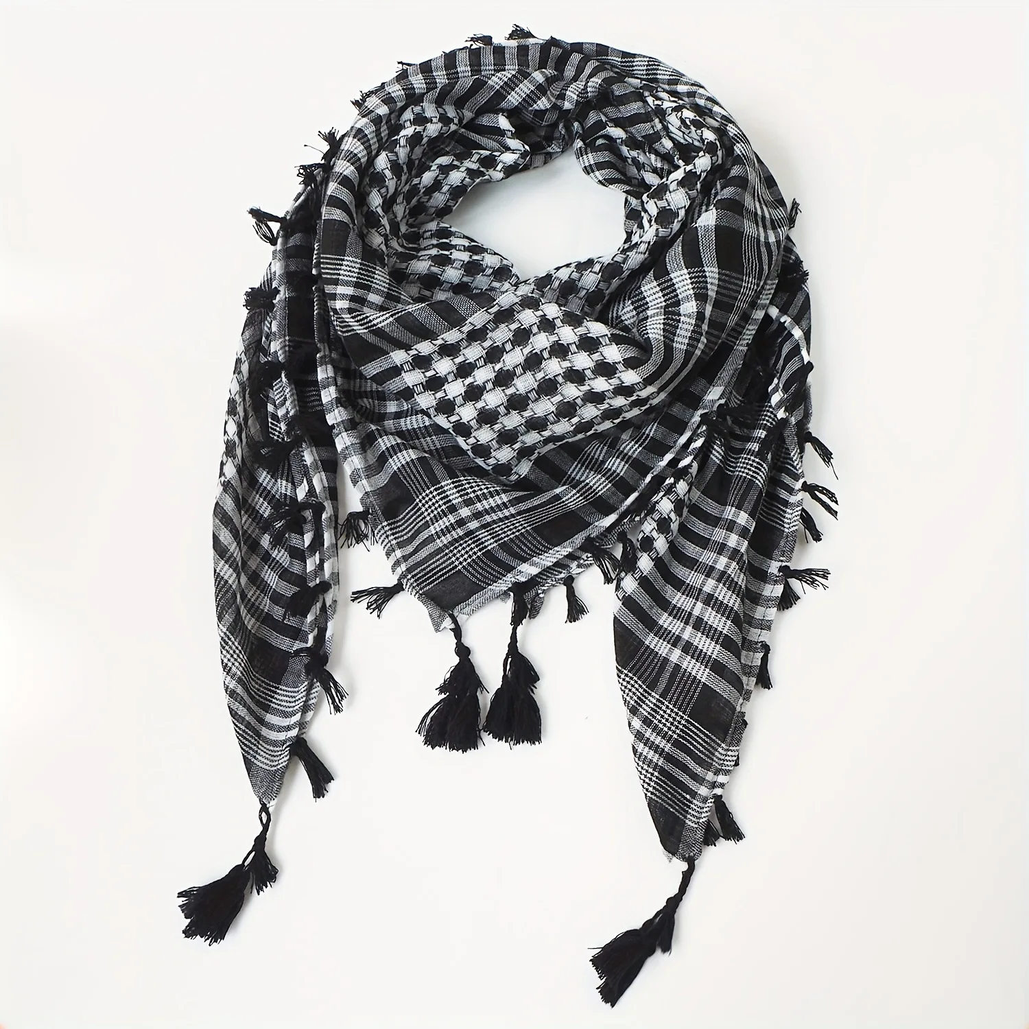 Colorful Houndstooth Square Scarf with Four-Sided Tassel Fringe,Bohemian Head Wrap & Windproof Neck Gaiter,Multifunctional Scarf