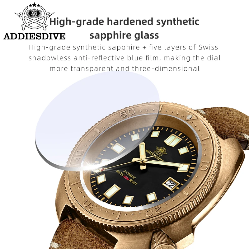 ADDIESDIVE Men Watch Luxury CUSN8 Bronze Case Sapphire Glass NH35 Automatic Watch C3 Super Luminous Date 20Bar Analog Watch