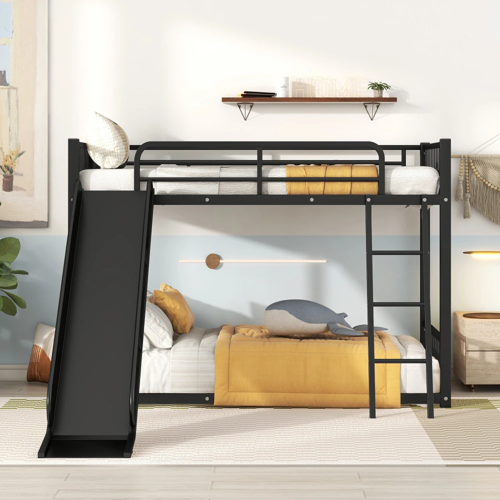 Children Beds Metal Bunk Bed with Slide,Twin Over Twin, Black Bunk Furniture Bunk Beds for Kids Shipment From US Local Warehouse