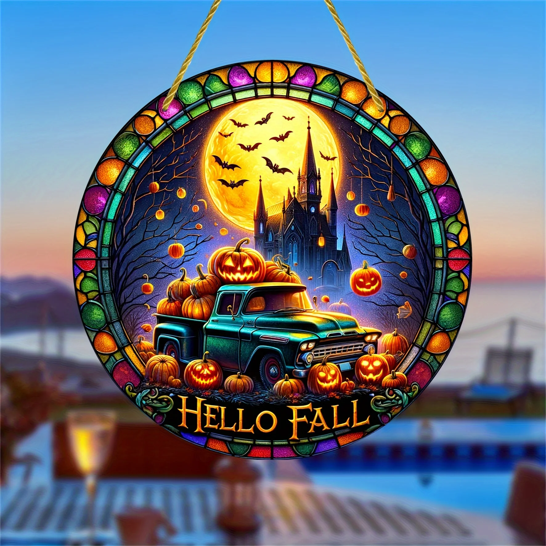 

Art Deco Acrylic Decorative Sign"Hello Fall"with Castle&Pumpkin Design-Wall Hanging Multipurpose Plaque,Plant Theme for Home