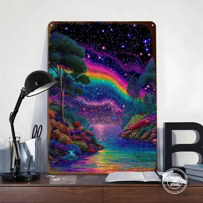 Rainbow River Starry Night Landscape 3D Texture Printed Poster Custom Vintage Metal Tin Plate Sign for Wall Art Desk Decor Room