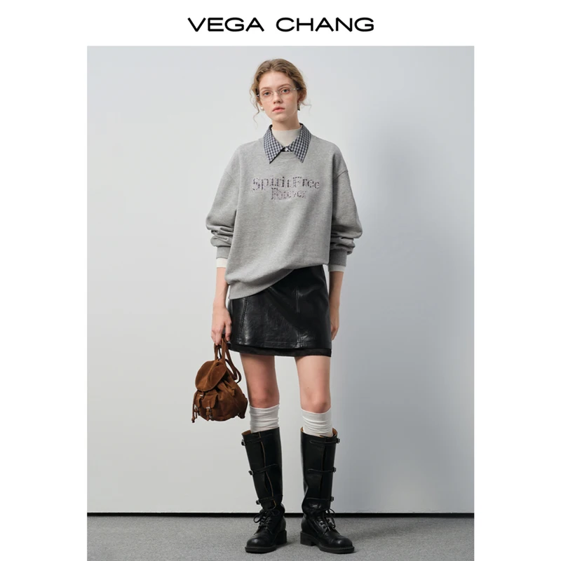 سويت شيرت نسائي شتوي جديد بياقة منقوشة على الطراز الكوري من Vega Chang