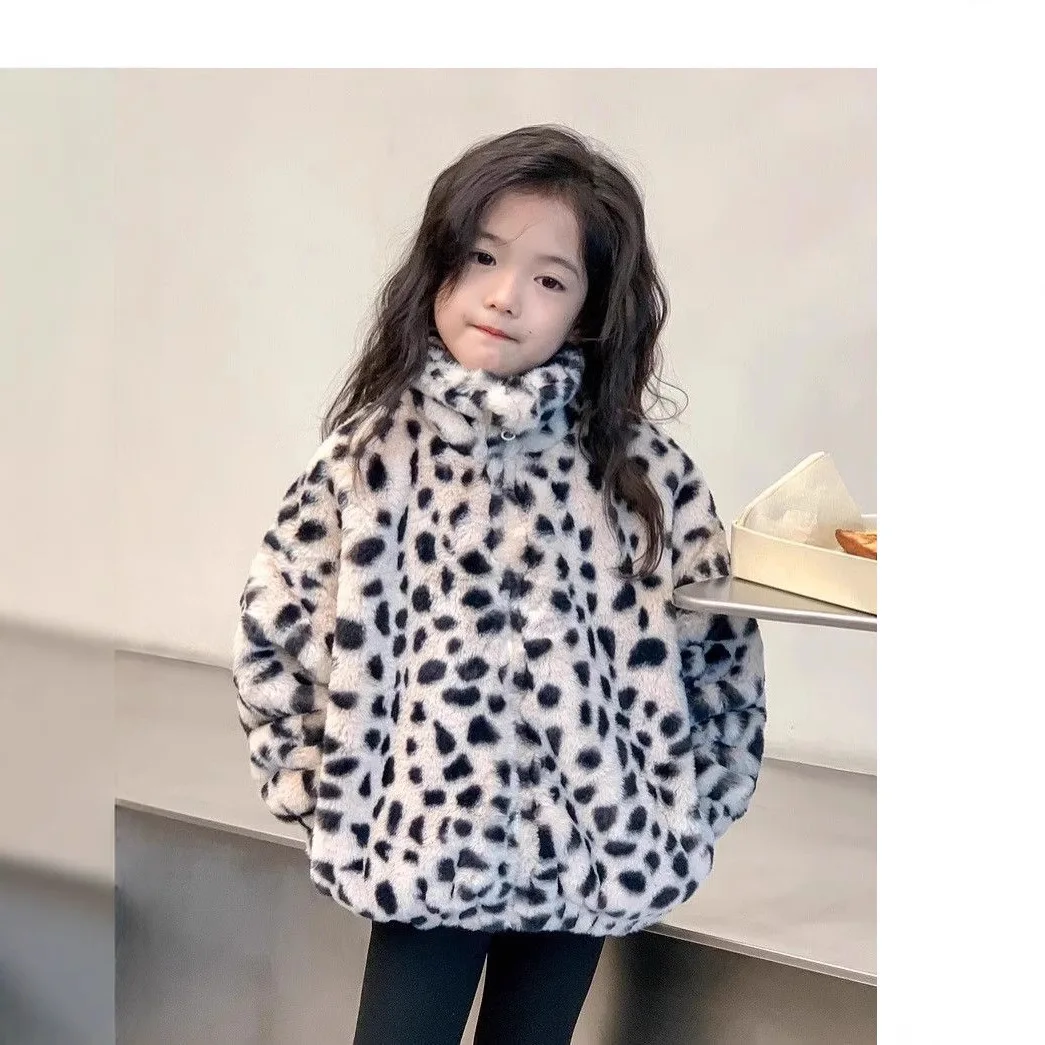 

Faux Rabbit Fur Coats Children Jacket Leopard Print Pocket Stand Collar Long Sleeve Coved Button Loose Casual 2025 Autumn Winter