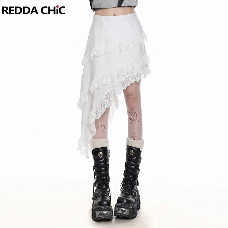 

REDDACHiC Women's White Asymmetric Skirt Slim High Waist Irregular Patchwork Lace Trim Knee Long Skirt Bohemian Summer Clothes