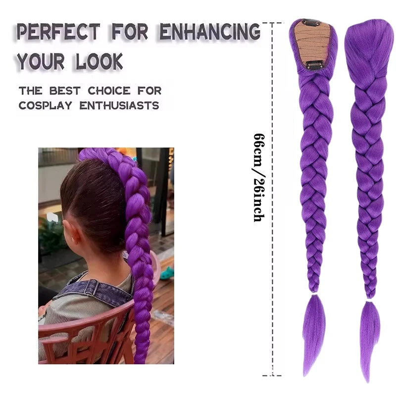 Anime Character Purple Braided Hair Ponytail Women Cosplay Costume 26inch Long Purple Braids Ponytail Wig with Clips - view 3