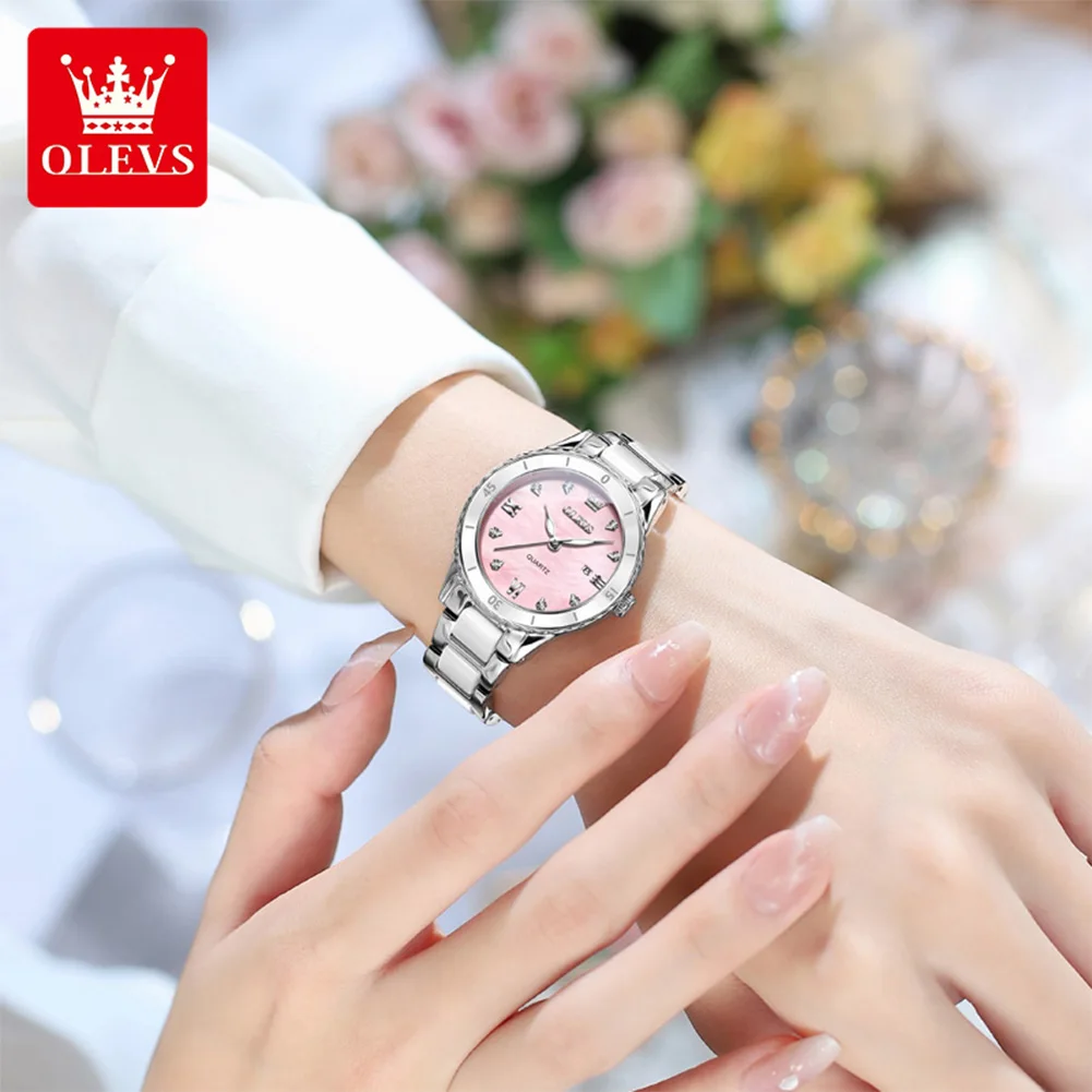 OLEVS 9985 Ceramic Steel Watch For Women Quartz Wristwatch Korean Style Waterproo Luminous Auto Date Watches Luxury Women Gift