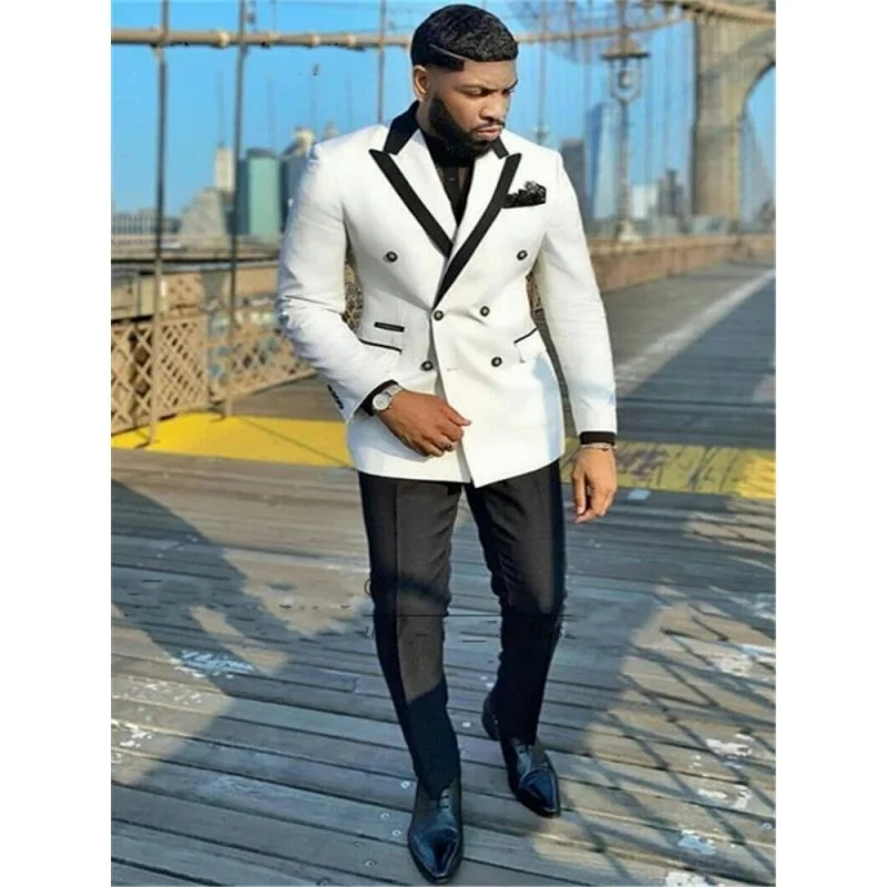 

Костюм Homme, комплект из 2 предметов, белая куртка, черные брюки, двубортный комплект официальной одежды для вечеринок, мужской костюм, свадебный смокинг жениха