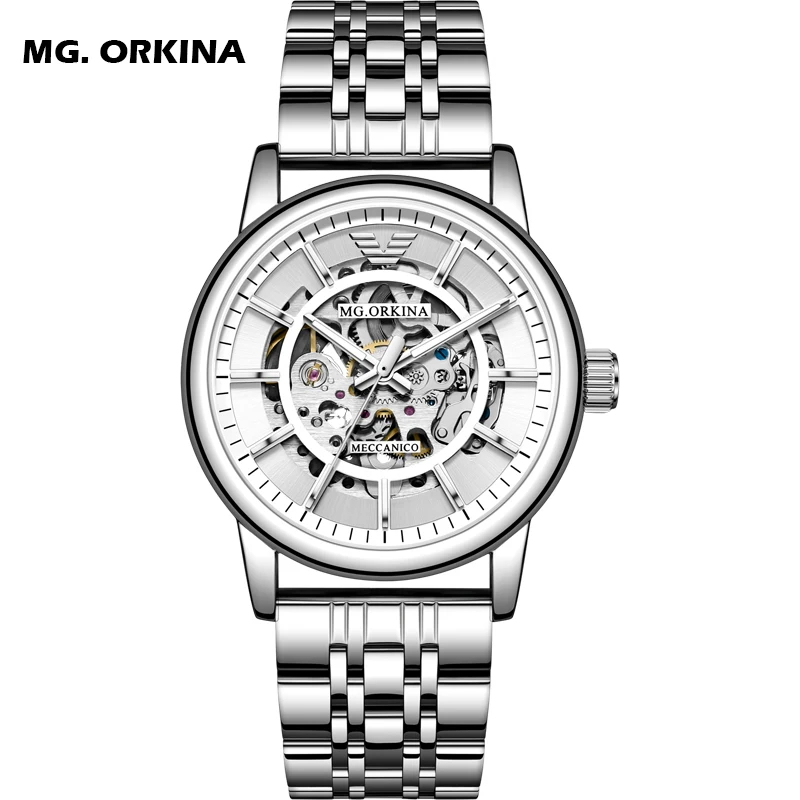 MG.ORKINA Mens Watches Top Brand Luxury Mechanical Skeleton Automatic Stainless Steel Bracelet Business Wristwatches Male Clock