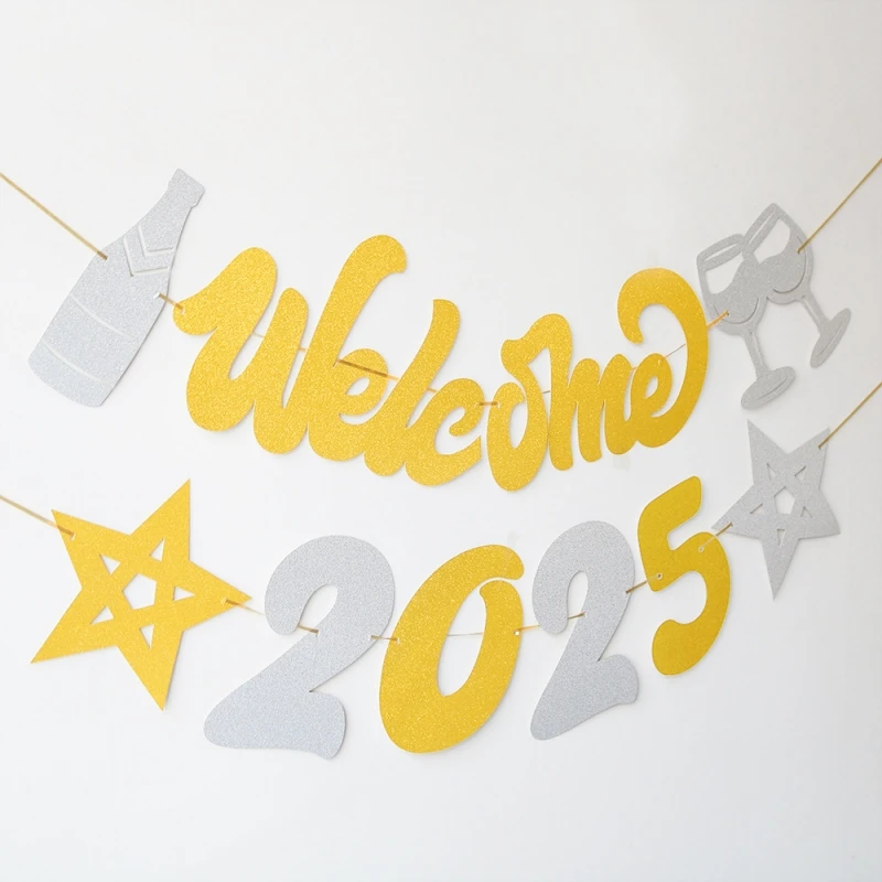 Party Decoration Welcome 2025 Wine Glass Pull Flag New Year New Year's Day Kids Happy New Year Party Background Banner Garland