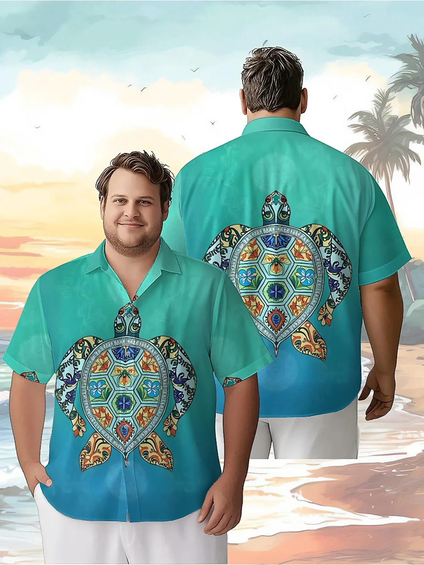 

Men's Plus Size Hawaiian Shirts Colorful Turtle Shell Pattern, Summer Casual Tops, Suitable for Outdoor and Party, Streetwear