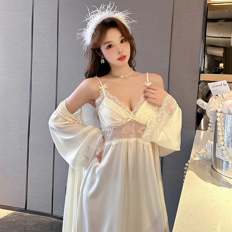 Spaghetti Strap Nightdress Women\'s 2024 New French Long Dress Lace Hollow Satin Nightgown Bathrobe Sexy Two-Piece Sleepwear Set