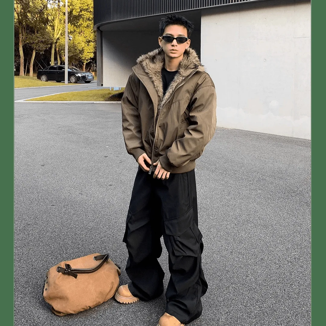 

Men's Winter Hot Condor Style Hooded Puffer Coat Faux Fur Collar Fleece Lined Thickened Quilted Jacket High End