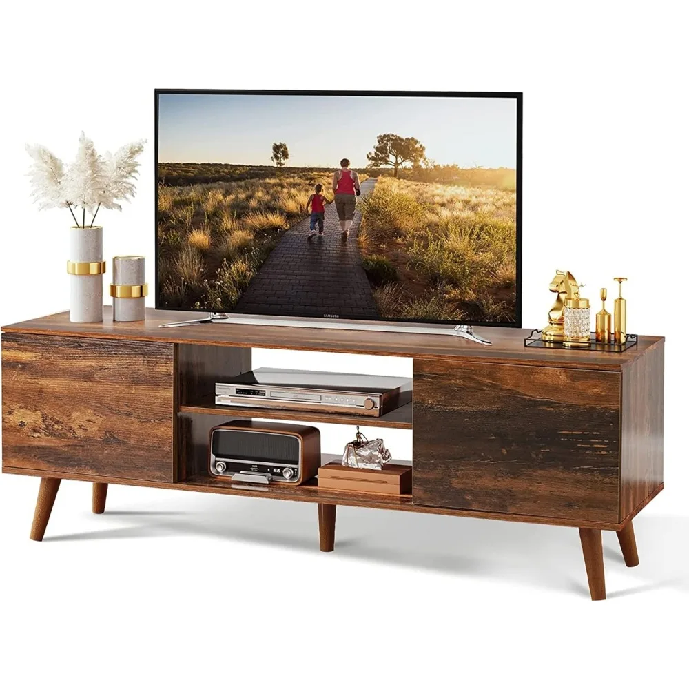 

Mid Century Modern TV Stand for 55-60 Inch TV - Retro Brown Entertainment Center with Storage for Living Room