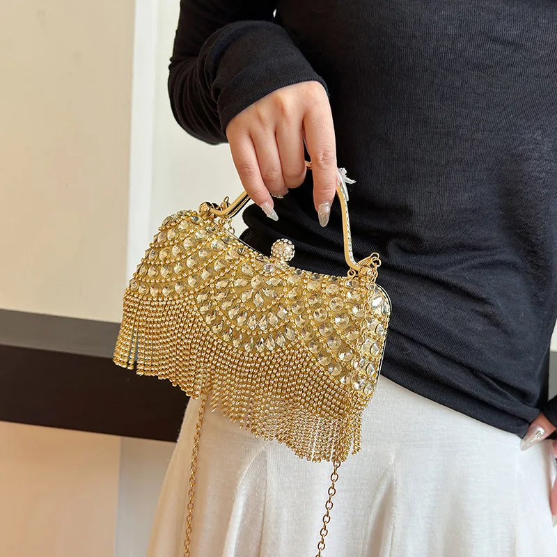 Bolso de mano lujoso con tachuelas de diamante para mujer, Cartera de noche con borlas, monedero de boda, vestido de fiesta con cuentas, 2024