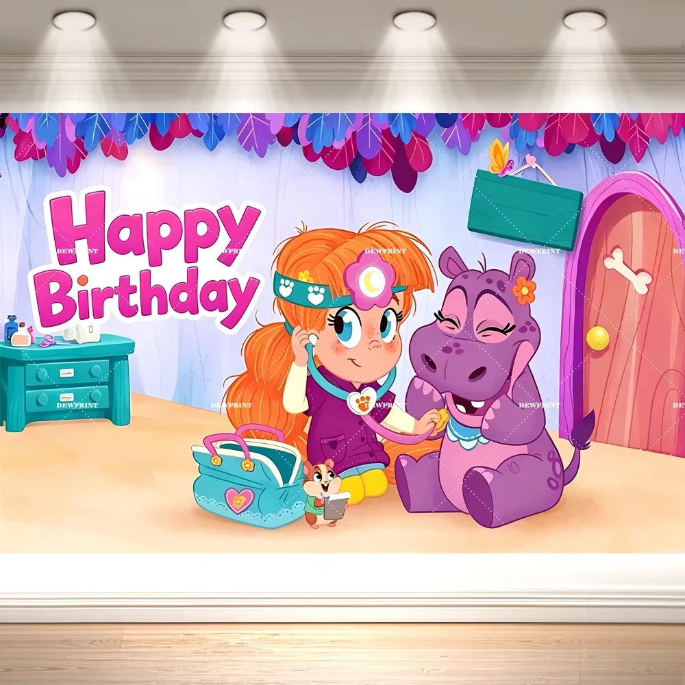 Cartoon Vet Pet Birthday Backdrop Background Purple Medical Forest Tiger Hamster Cute Kids Hd Balloon Cake Banner Photo Booth