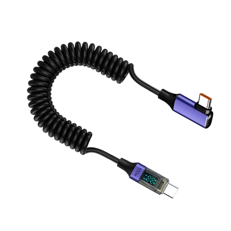 Spring Coiled USB C Data Cable Charging Cord Support PD100W Quick Charging with Digital Display Stretchable 35cm~180cm