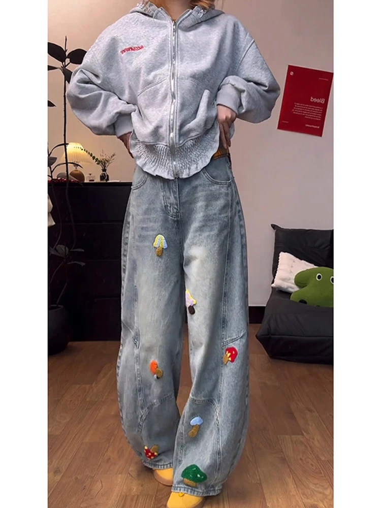 

American Sle Cartoon Embroidered Jeans Men's High Waist Slim Loose Straight Casual Versatile Knife Pants Autumn Design