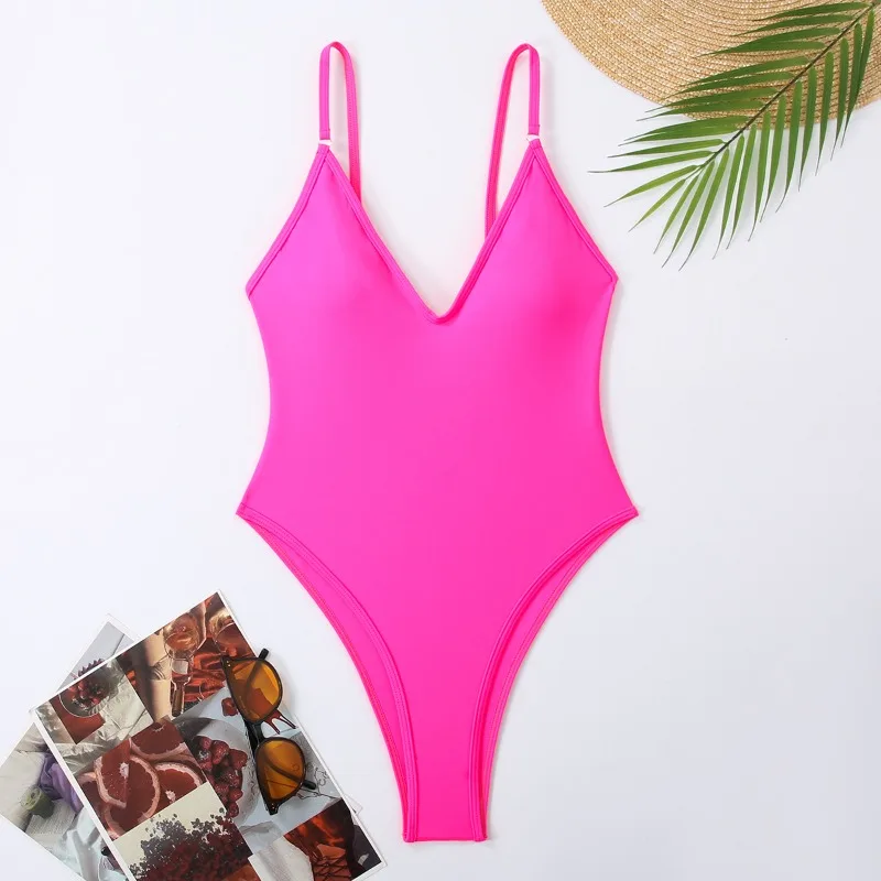 

Solid Women/Girls Bikinis Sets Women One Piece Bathing Suit Beach Wear Sexy V Neck Swimsuit 2024 Summer Swimwear Beach Clothing