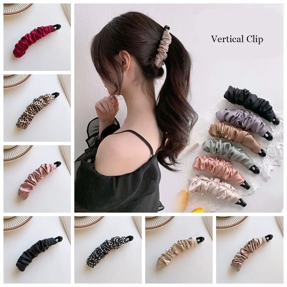 Elegant Korean Style Cloth Banana Clip Leopard Print Ponytail Holder Vertical Clip Hair Claw Headdress Bowknot Hair Clip Women