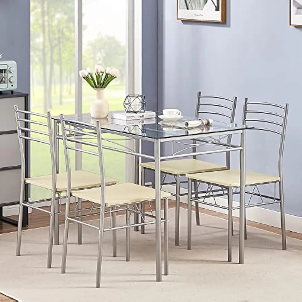 Kitchen Dining Room Table and Chairs 4 5-Piece Dinette Sets Space Saving (Silver) Sturdy & Stable Comfort Dining Time