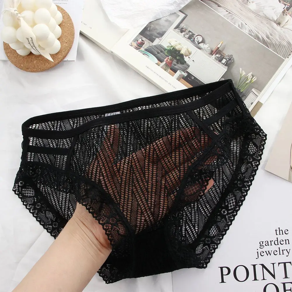 Fashion Sexy Black Lace Hollow Out Women Panties Low waist Thin Mesh Seamless Briefs Cotton Crotch Lingerie