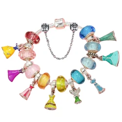Colors Enamel Disney Princess Dress Charms Pulseiras for Girls Colorful Glass Beads Bracelets&Bangles Women Cartoon Skirt Dangle