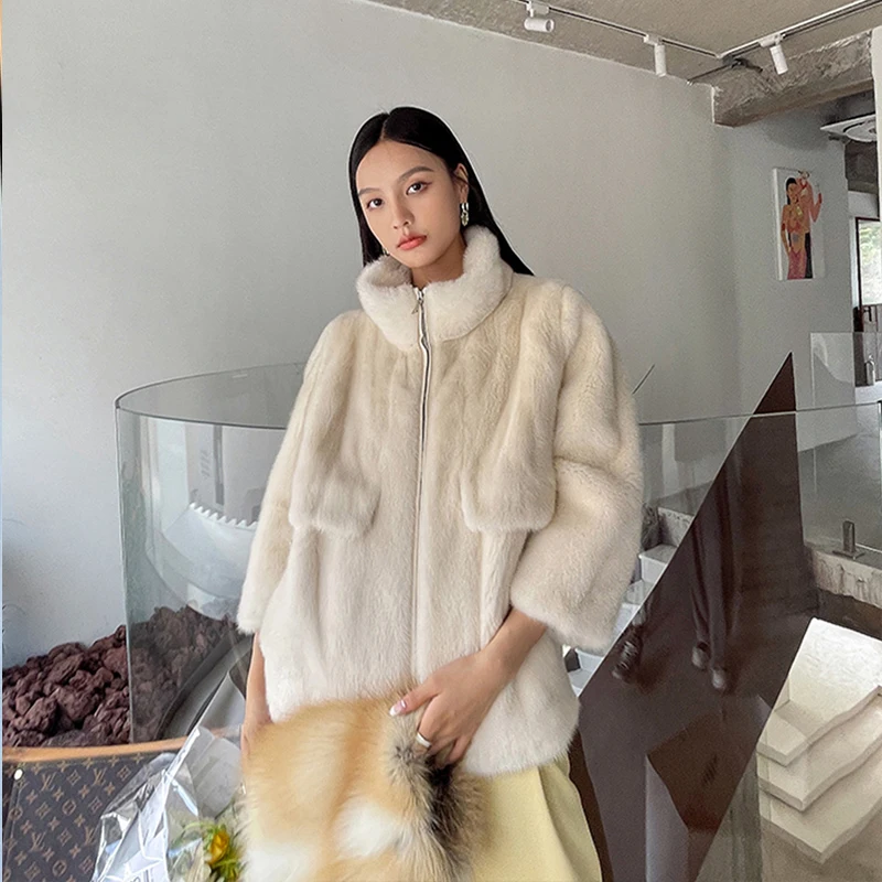 เสื้อโค้ทขนมิงค์กำมะหยี่สีม่วงมาตรฐานนำเข้าฤดูหนาว Ftangaiur สำหรับผู้หญิง ปกจีน ขนฟ็อกซ์ถอดได้ ขนมิงค์แท้ธรรมชาติ