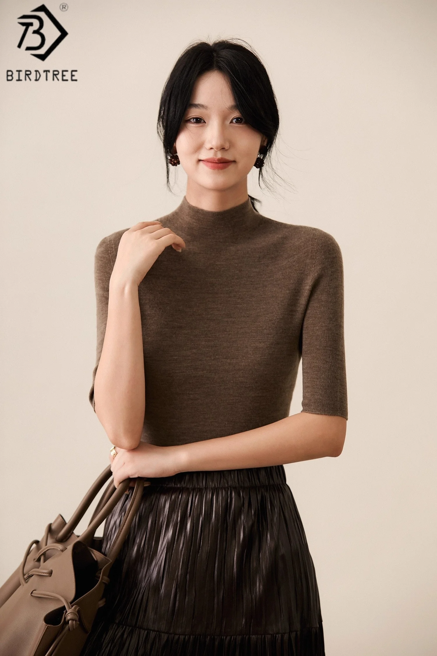 Birdtree 100% Sheep Wool Seamless Undershirt, Women 120S German Yangtze Yarn Wool Half High Neck 2025 Autumn Knit Sweater T59417