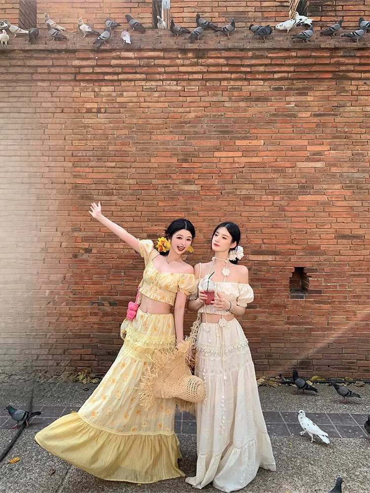 

Комплект WALKINK: шелковый топ с вышивкой ромашками и юбка на завязках для пляжного отдыха, женский модный хлопковый комплект в художественном стиле