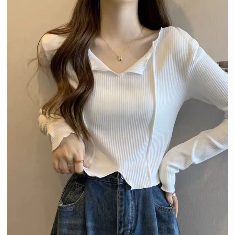 Spring Autumn New V-neck Fashion Long Sleeve T-shirt Women High Street Casual Striped Sweet Young Style Sweet All-match Tops image 6