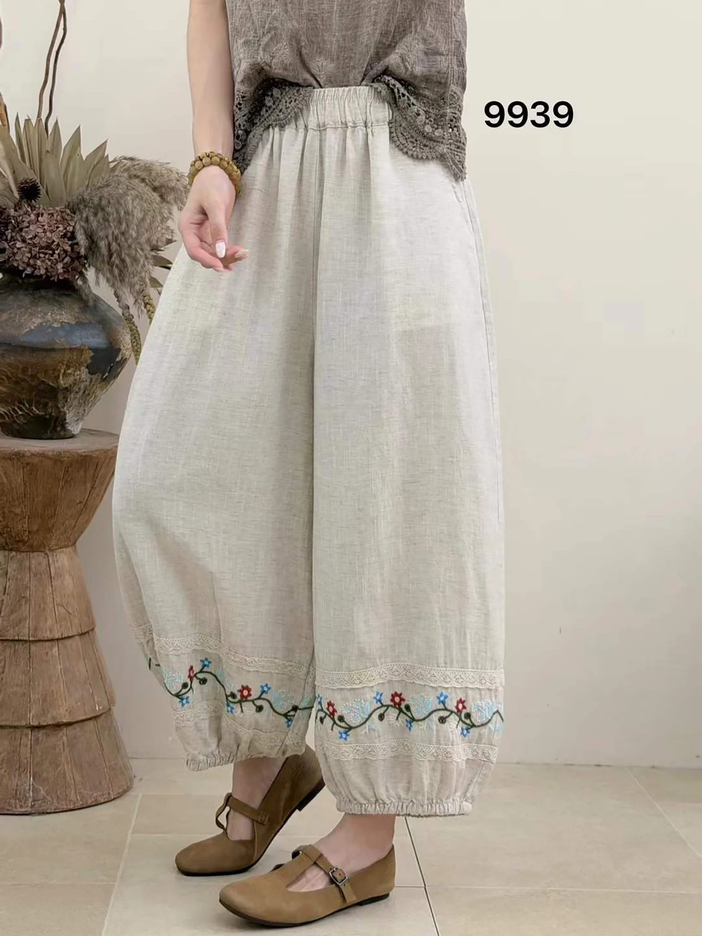 

Artistic Style Embroidered Lace Trim Linen Wide Leg Casual Pants Women's Nine Point Lantern Pants Summer New Loose Fit Trousers