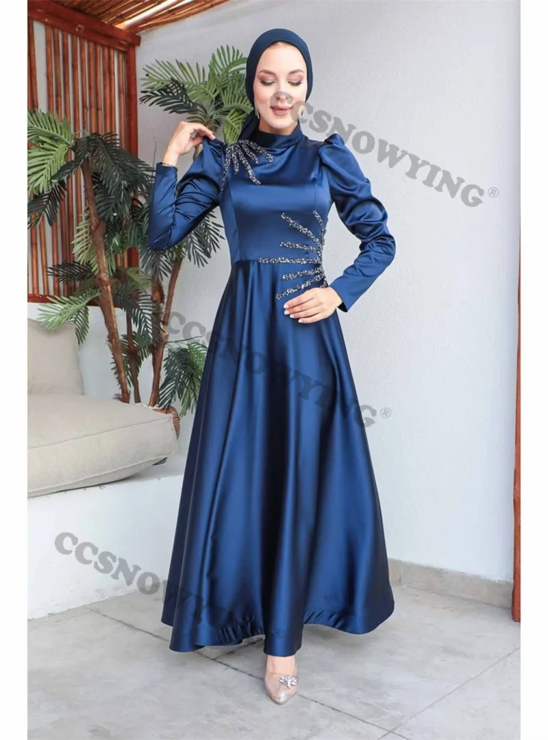 Vestido De noche musulmán De manga larga para mujer, Hijab, apliques De satén islámicos, vestido De fiesta Formal árabe De Dubái, azul marino