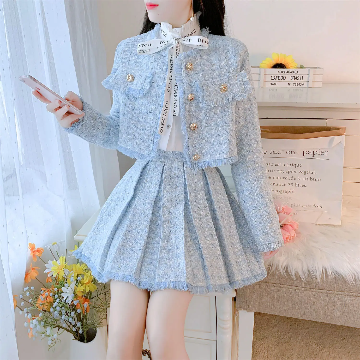 Teenage girl French suit dress female temperament elegant two-piece design sense small dress early autumn with a complete set